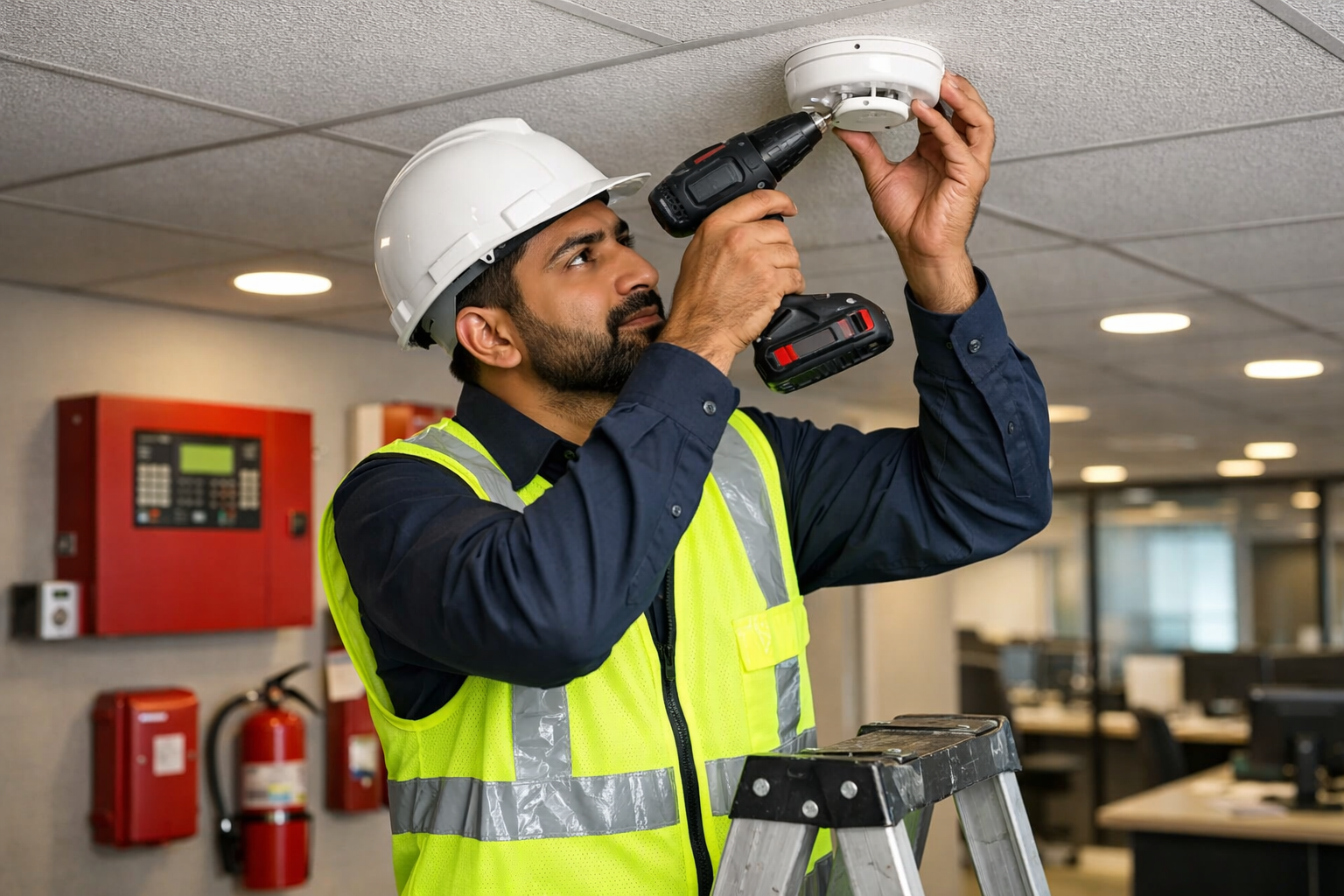 Technician installing fire alarm detector