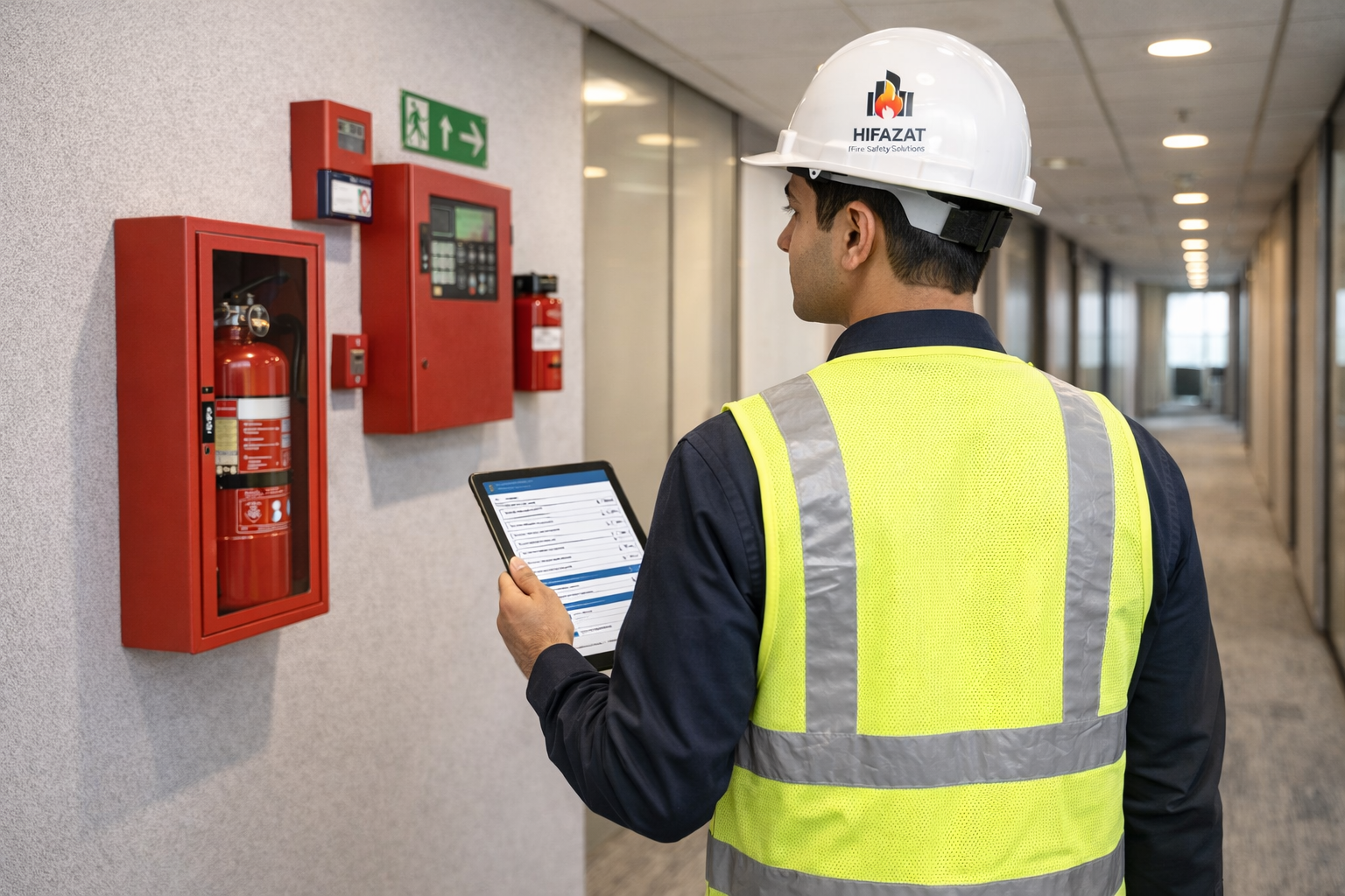 Inspector reviewing building fire safety